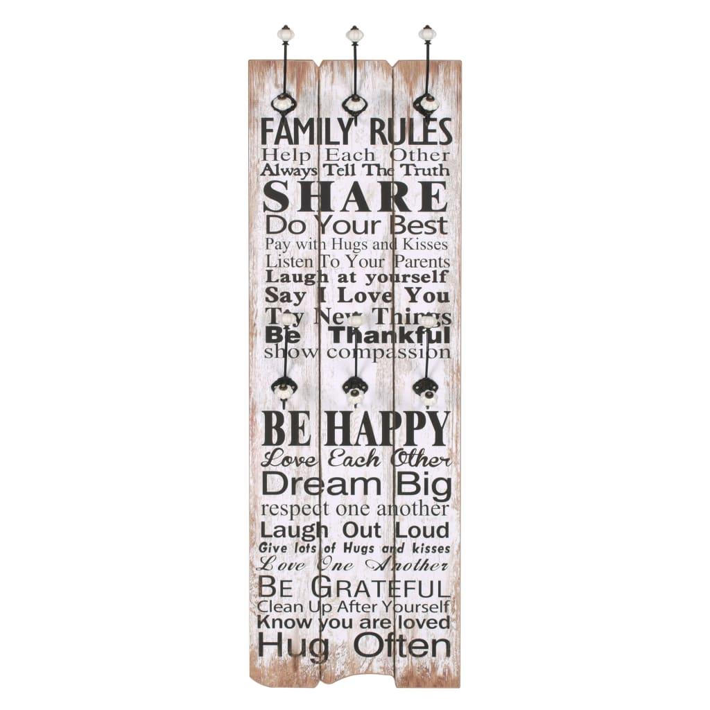 Perchero de pared FAMILY RULES con 6 ganchos 120x40 cm