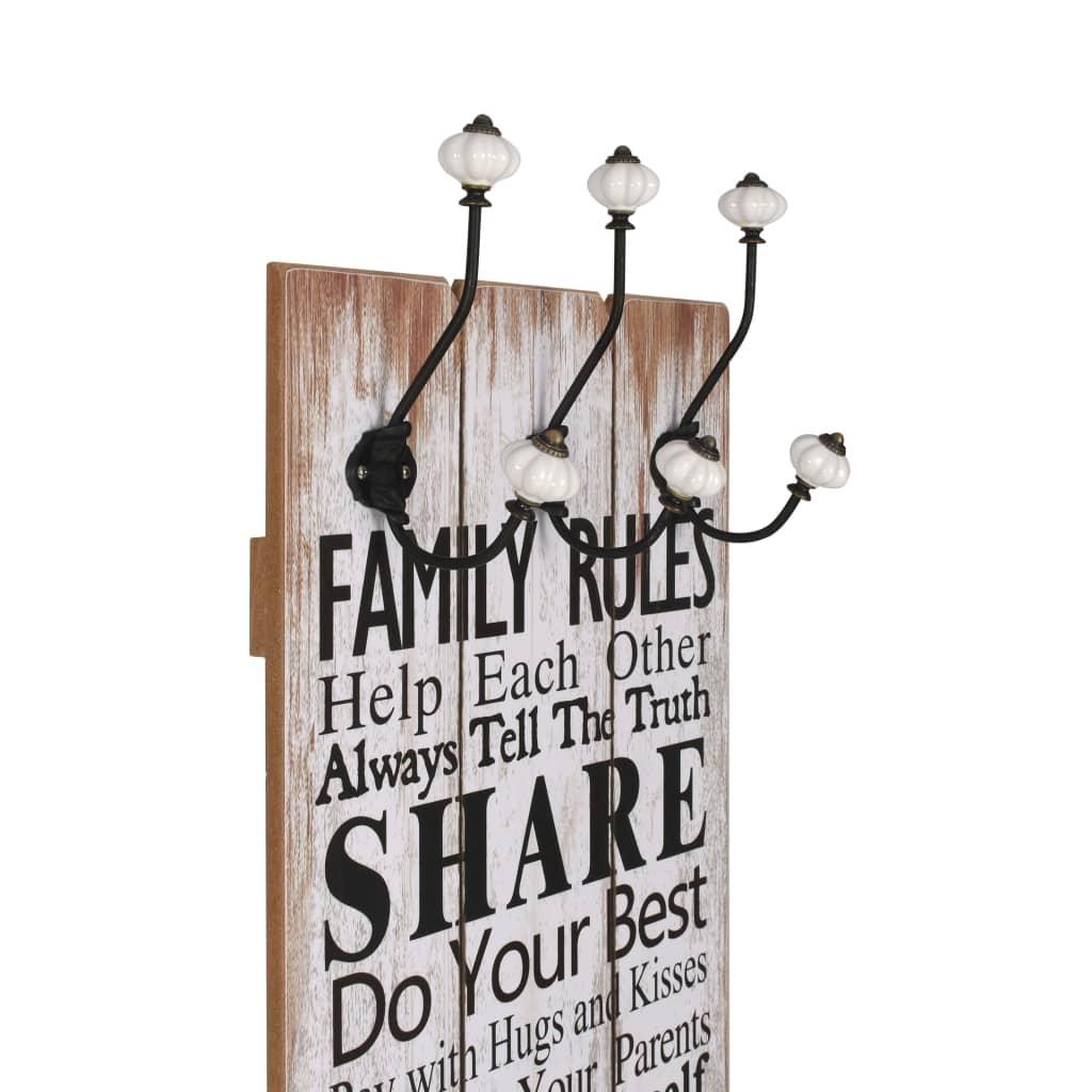 Perchero de pared FAMILY RULES con 6 ganchos 120x40 cm