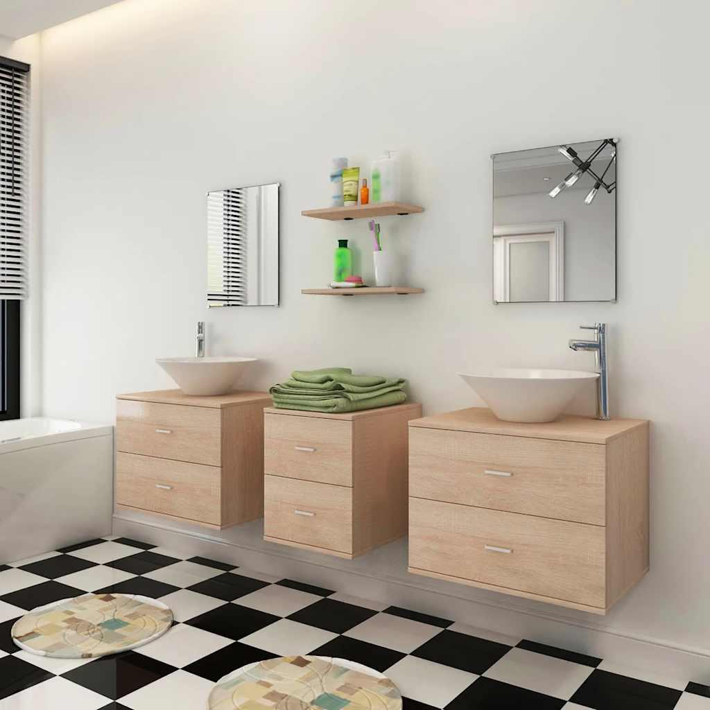 Conjunto de muebles de baño con lavabo y grifo 9 piezas beige