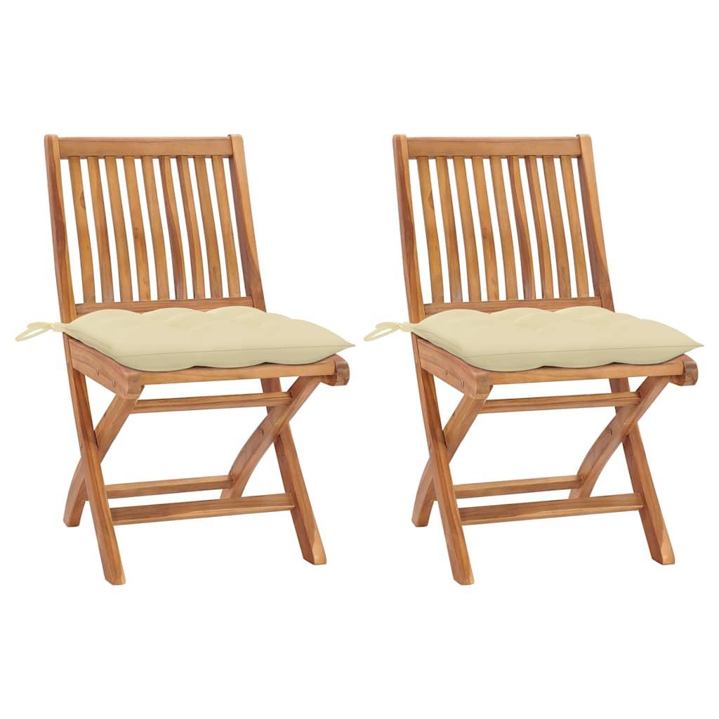 Sillas plegables (2 unidades) con cojines color blanco crema, de madera maciza de teca
