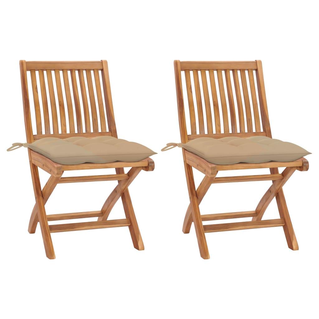 Sillas plegables (2 unidades) con cojines color blanco crema, de madera maciza de teca