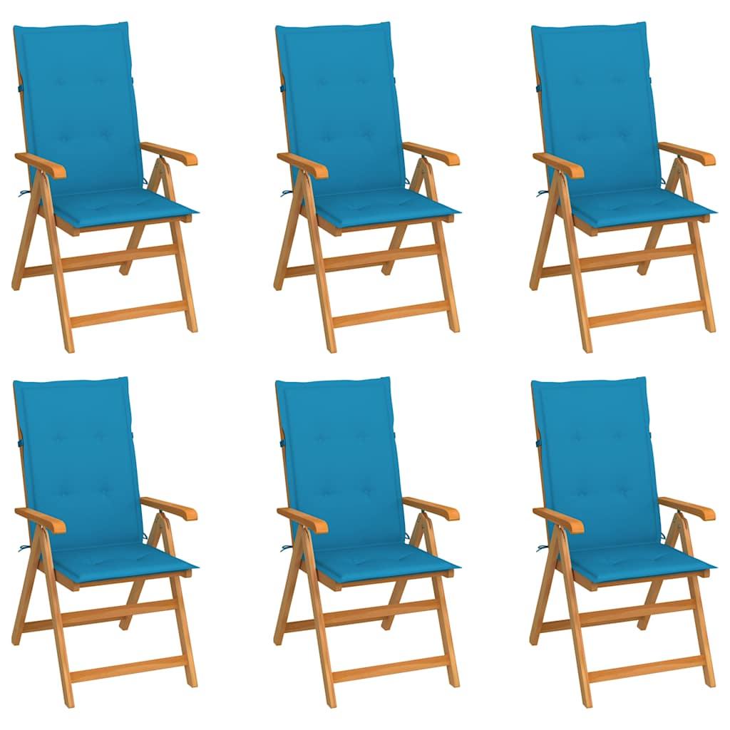 Sillas plegables (6 unidades) con cojines azules, madera maciza de teca