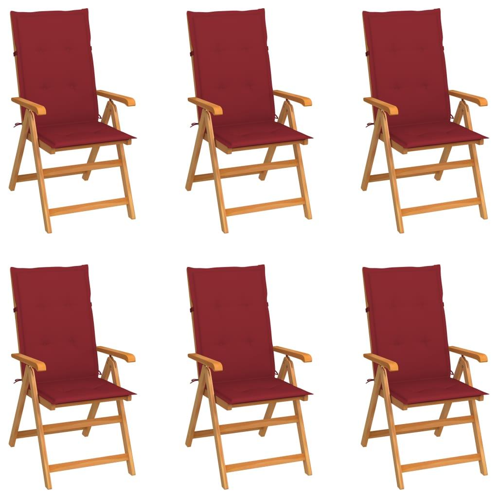 Sillas plegables (6 unidades) con cojines color rojo vino, de madera maciza de teca