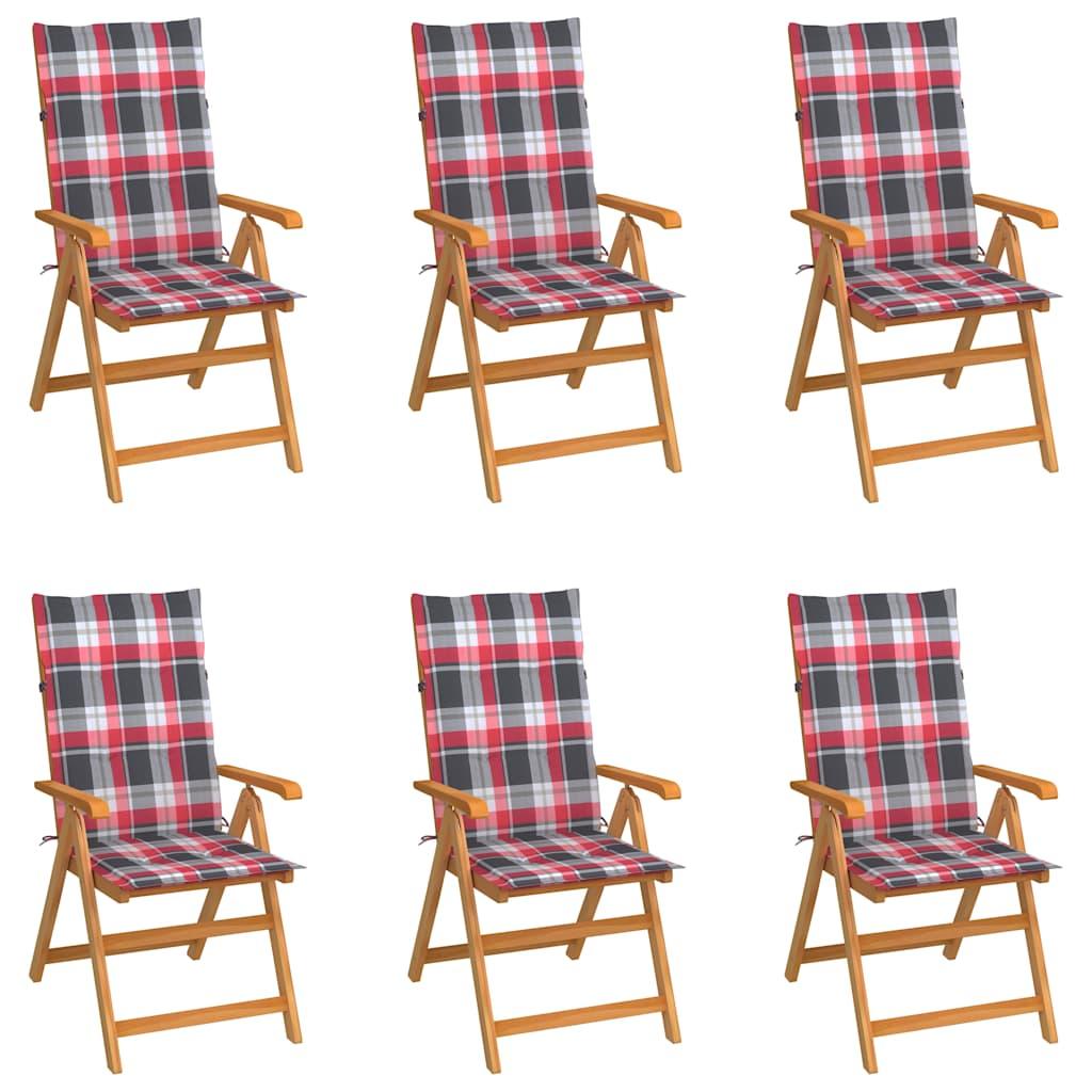 Sillas plegables, 6 unidades, cojines con estampado de cuadros rojos, madera maciza de teca