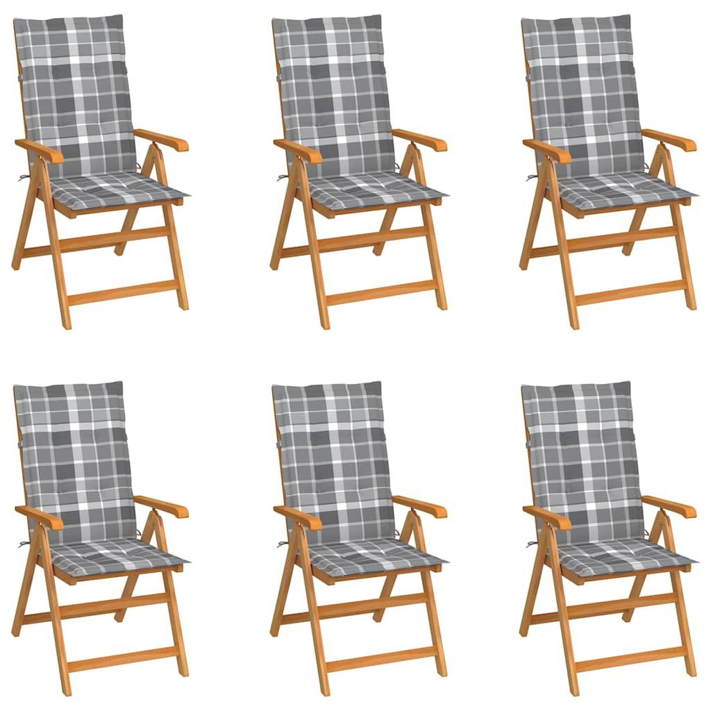 Sillas plegables, 6 unidades, cojines con estampado de cuadros grises, madera maciza de teca