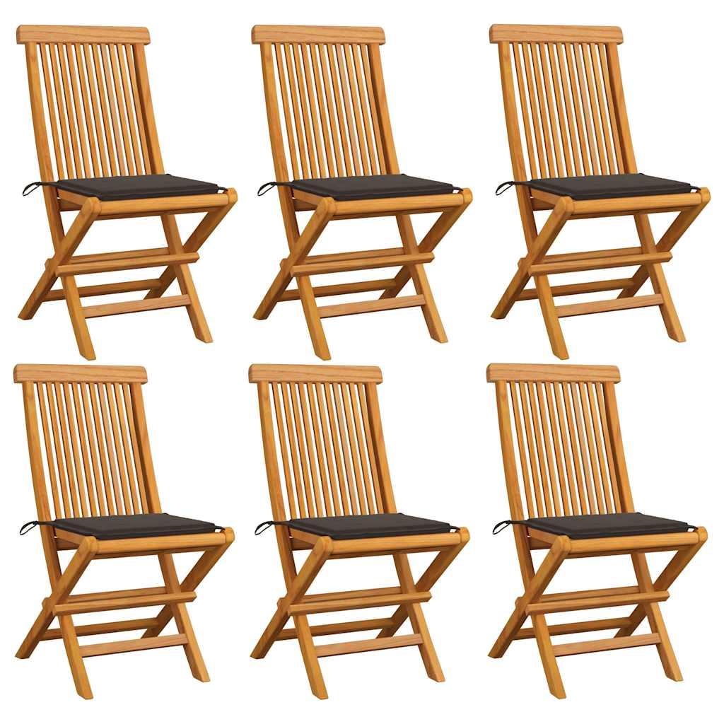 Sillas plegables con cojines color antracita, 6 unidades, madera maciza de teca
