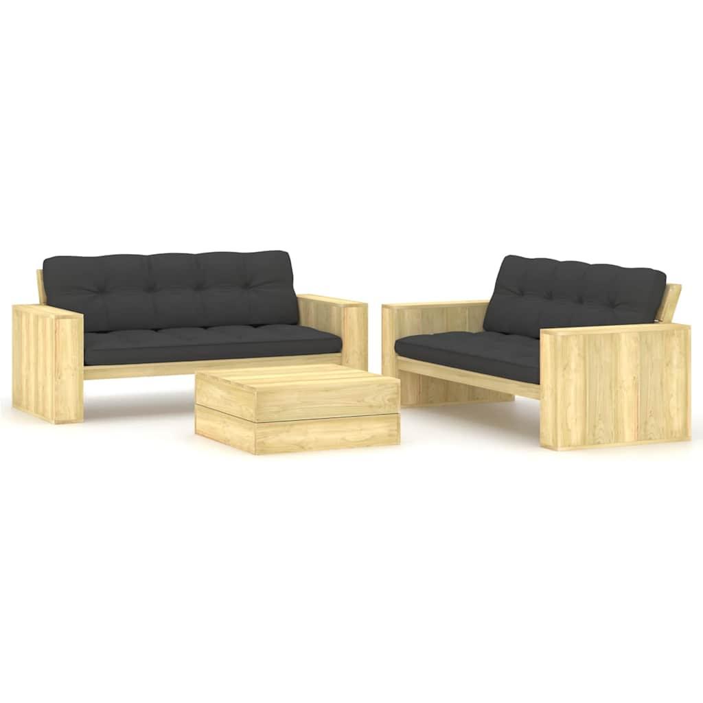 Set de sofás jardín 3 piezas con cojines madera pino impregnada