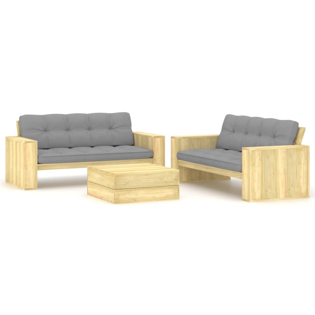 Set de sofás jardín 3 piezas con cojines madera pino impregnada