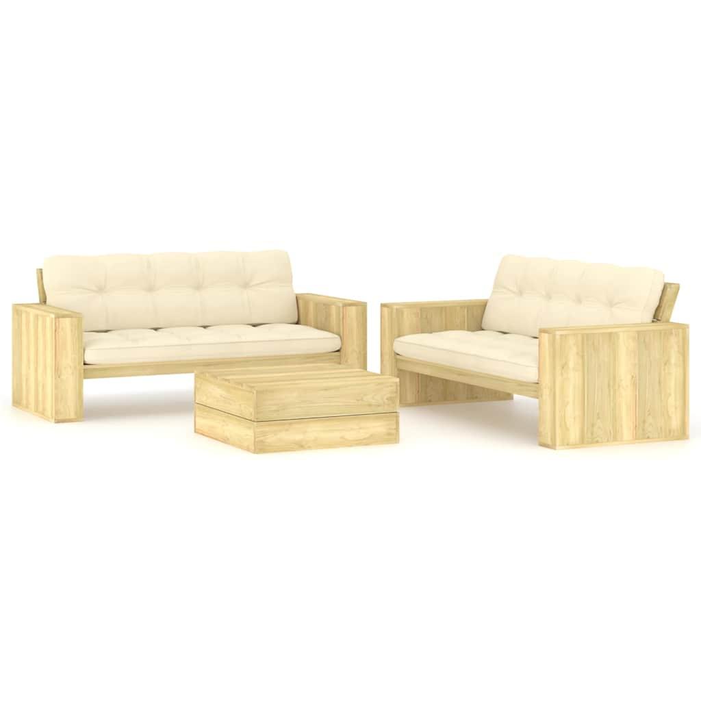 Set de sofás jardín 3 piezas con cojines madera pino impregnada