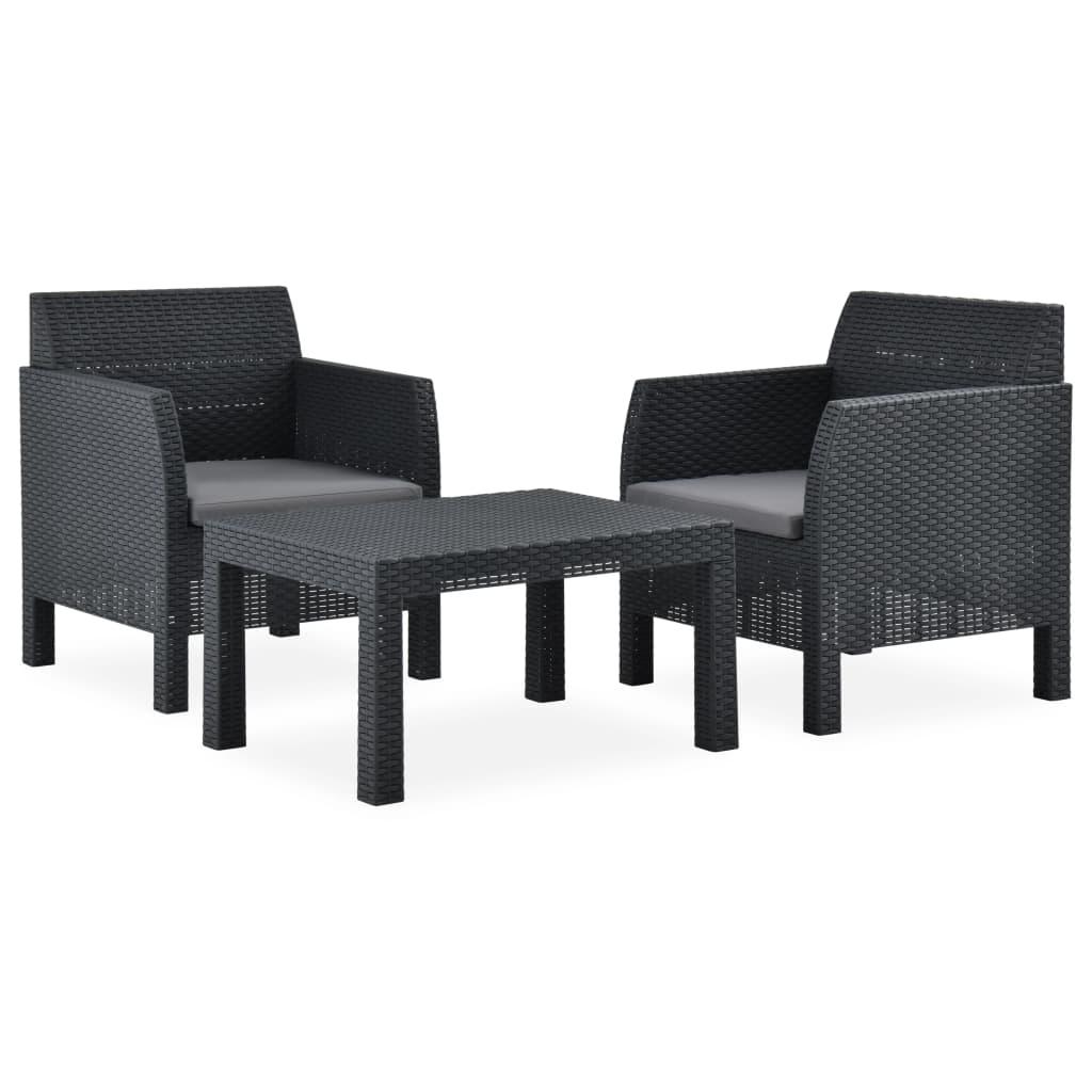 Set de muebles jardín 3 piezas cojines PP ratán gris antracita