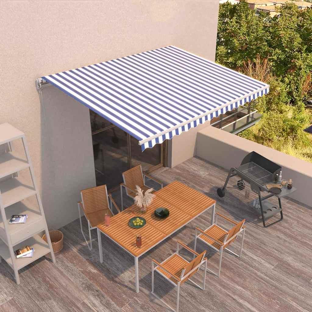 Toldo retráctil Azul y Blanco 400 x 350 cm Poliéster y Aluminio