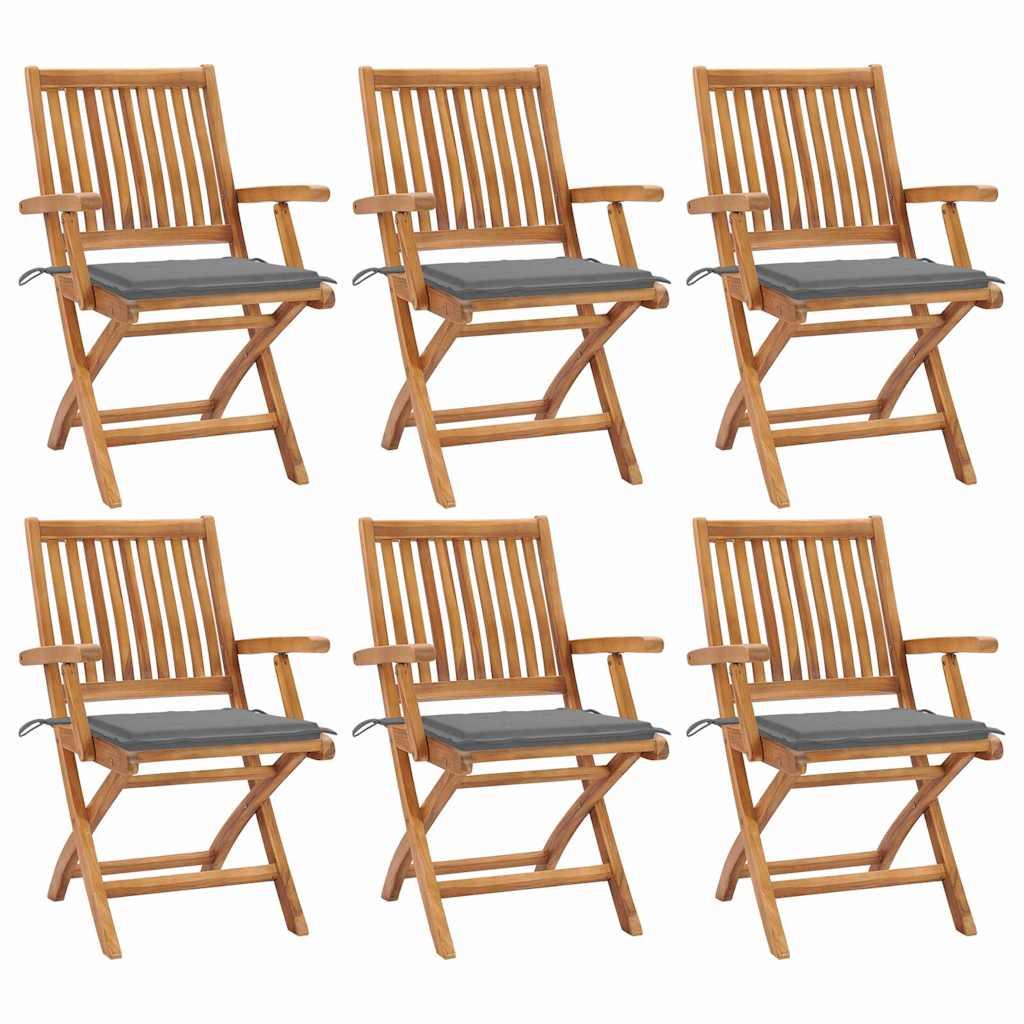 Sillas plegables con cojines color antracita, 6 unidades, madera maciza de teca