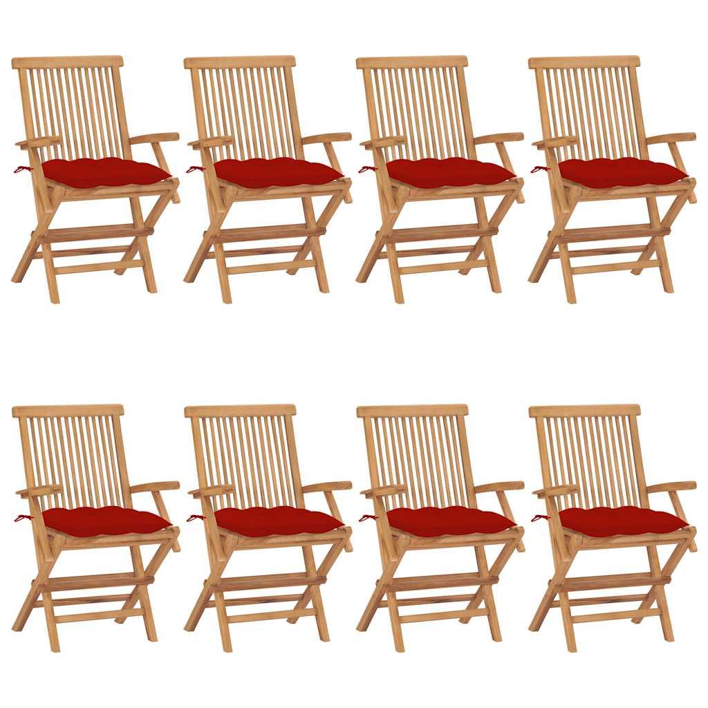 Sillas plegables con cojines rojos, 8 unidades, madera maciza de teca