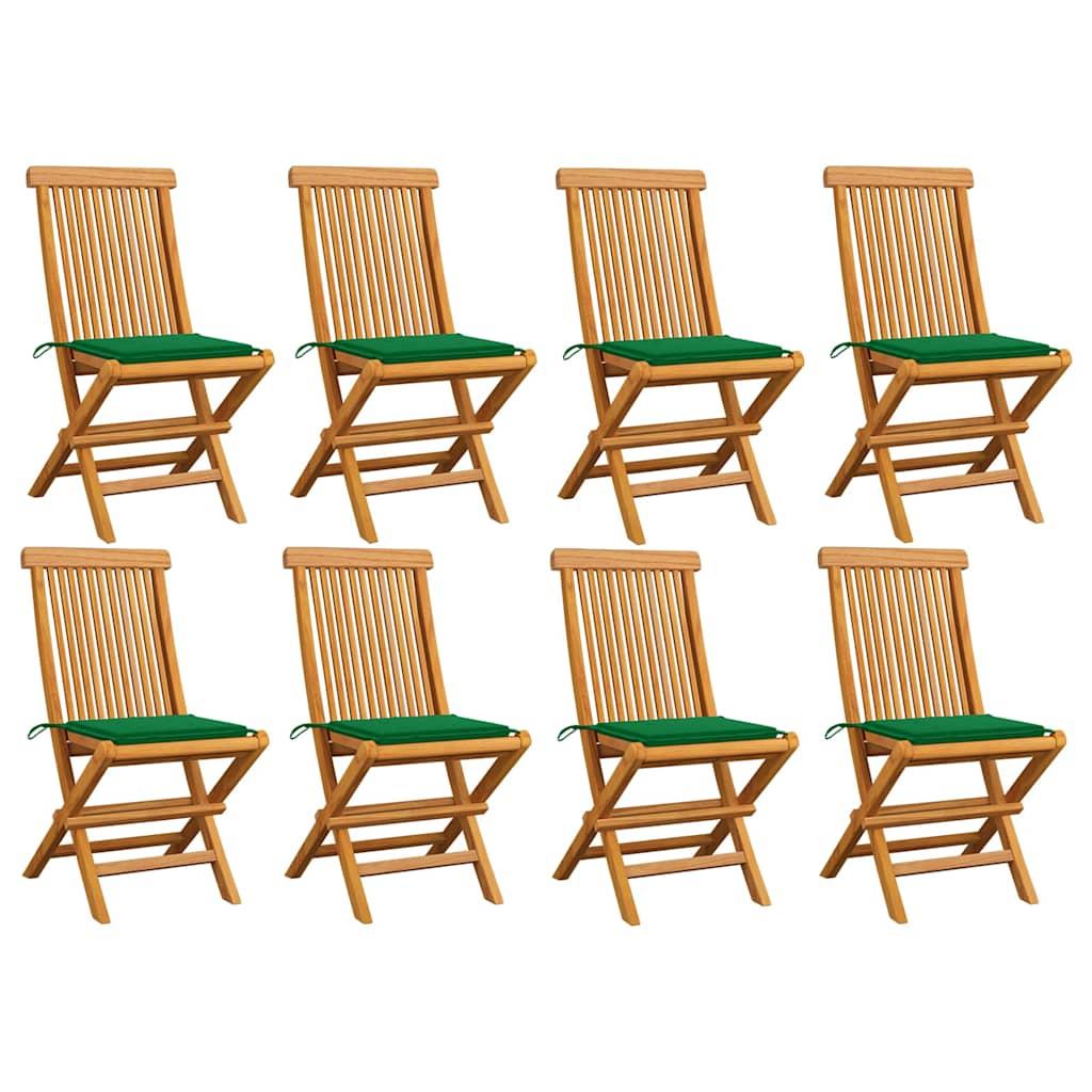 Sillas plegables con cojines verdes, 8 unidades, madera maciza de teca