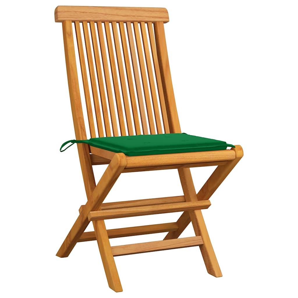 Sillas plegables con cojines verdes, 8 unidades, madera maciza de teca