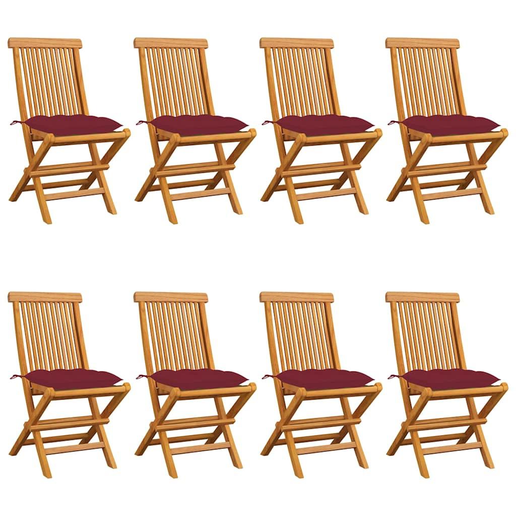 Sillas plegables con cojines rojo vino, 8 unidades, madera maciza de teca