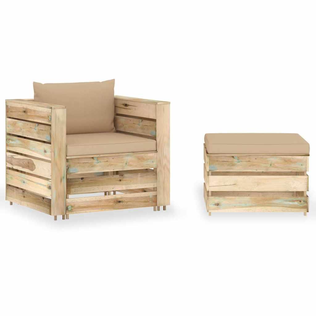 Muebles de jardín 2 pzas con cojines madera impregnada verde