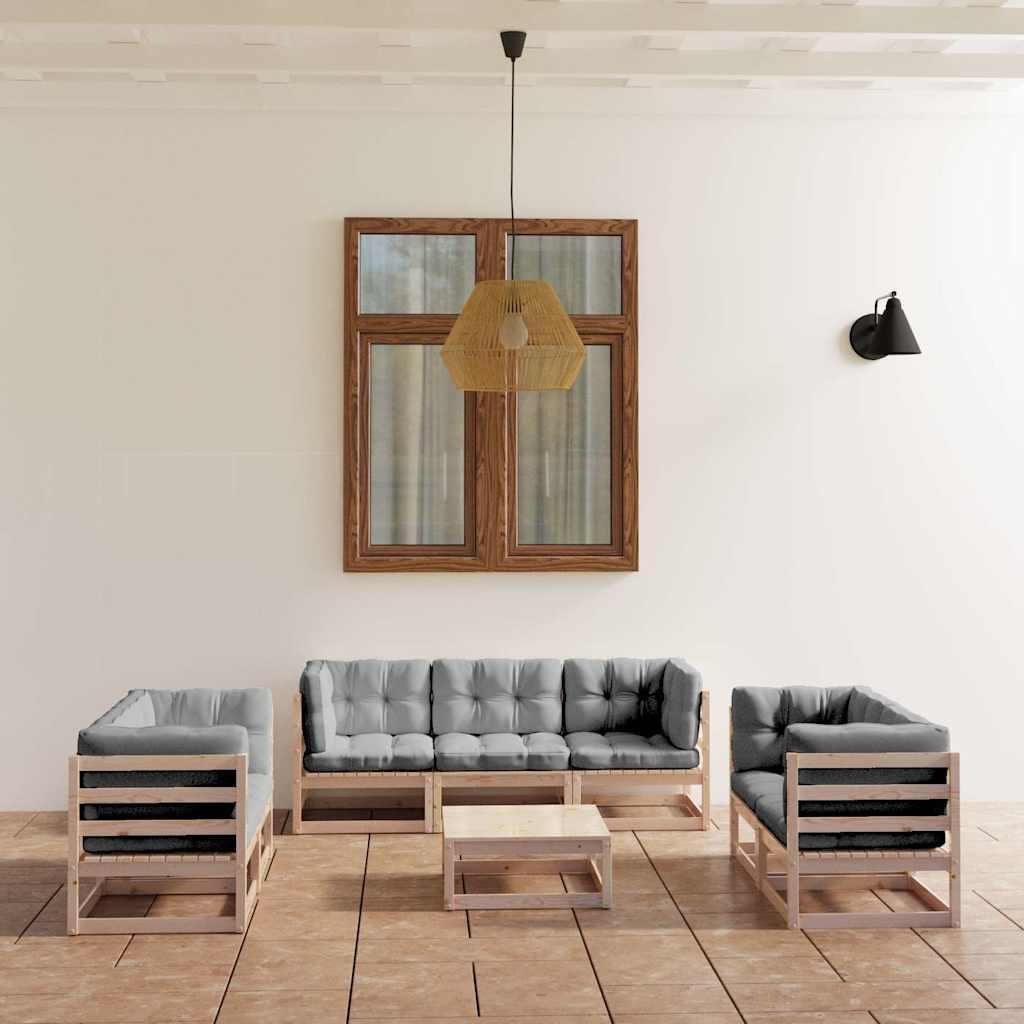Juego de muebles de jardín 8 pzas y cojines madera pino maciza