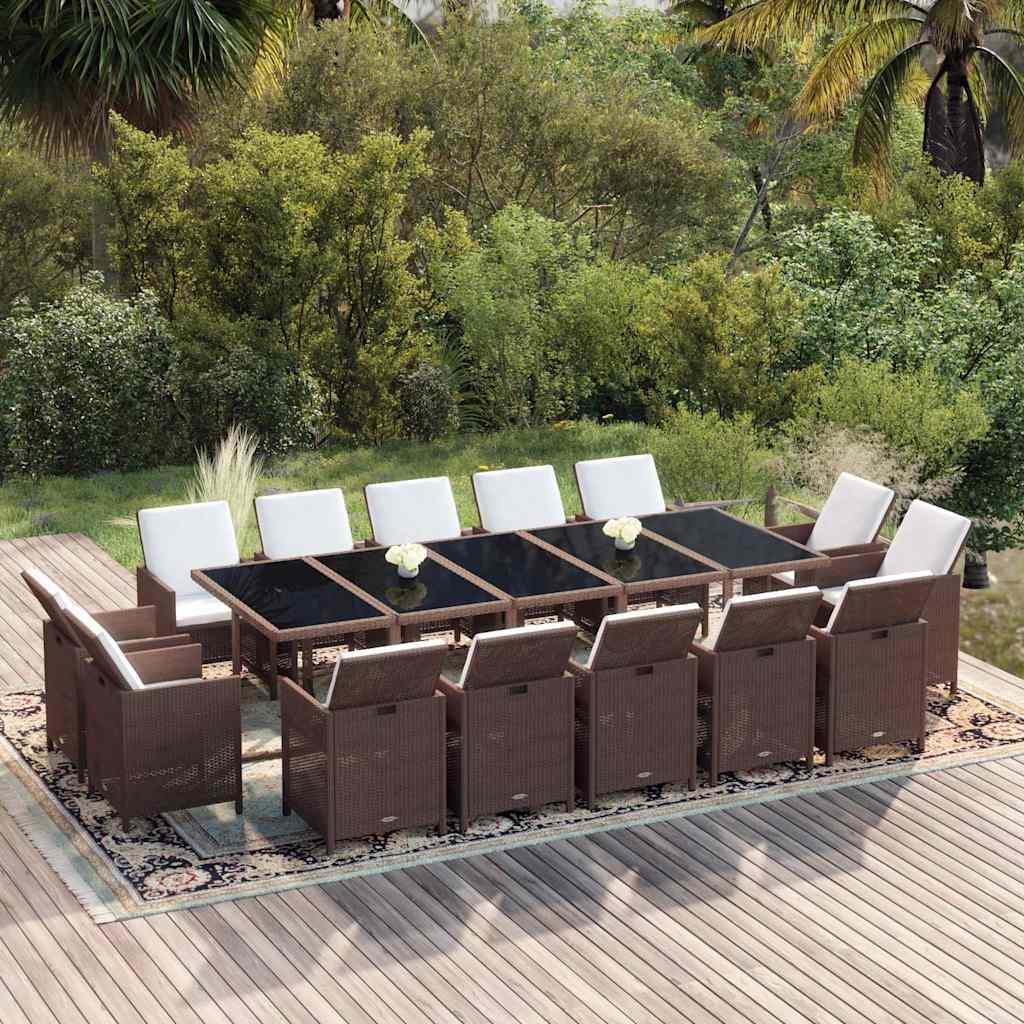 Set comedor de jardín 15 pzas con cojines ratán PE marrón