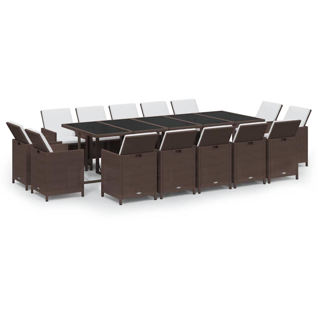 Set comedor de jardín 15 pzas con cojines ratán PE marrón