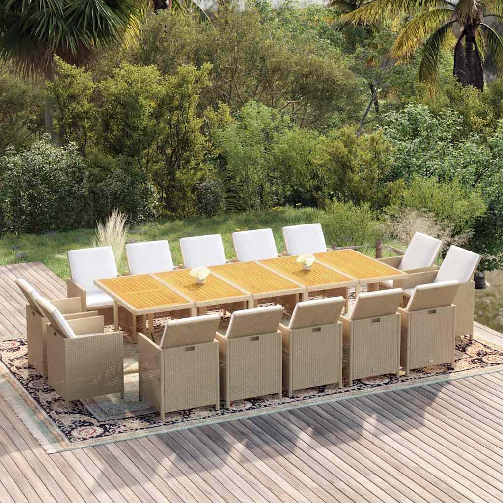 Set comedor de jardín 15 pzas con cojines ratán sintético beige