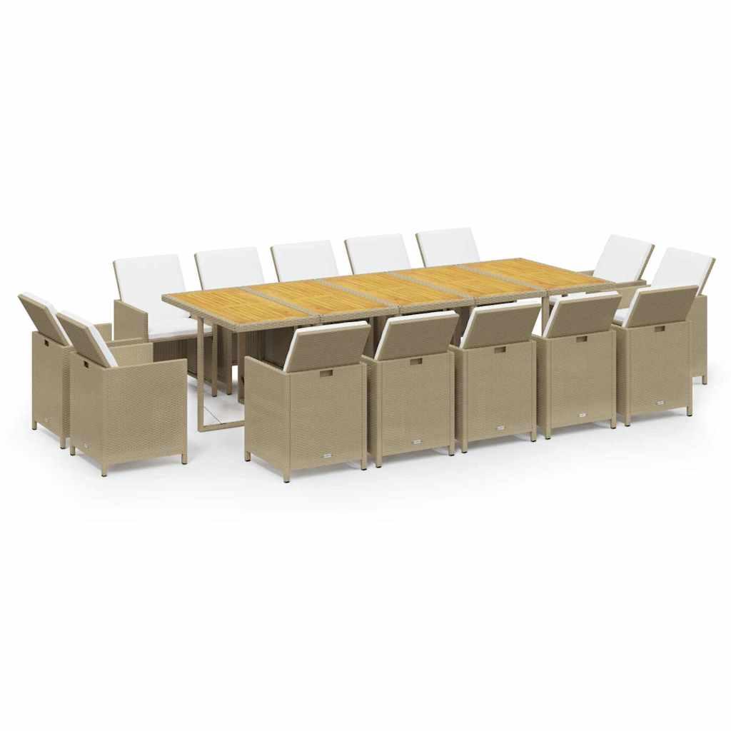 Set comedor de jardín 15 pzas con cojines ratán sintético beige
