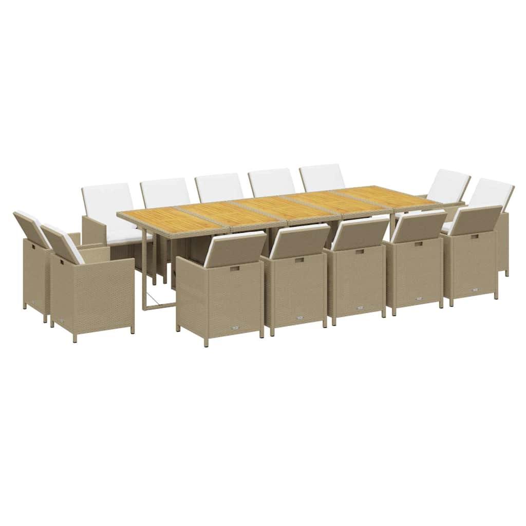 Set comedor de jardín 15 pzas con cojines ratán sintético beige