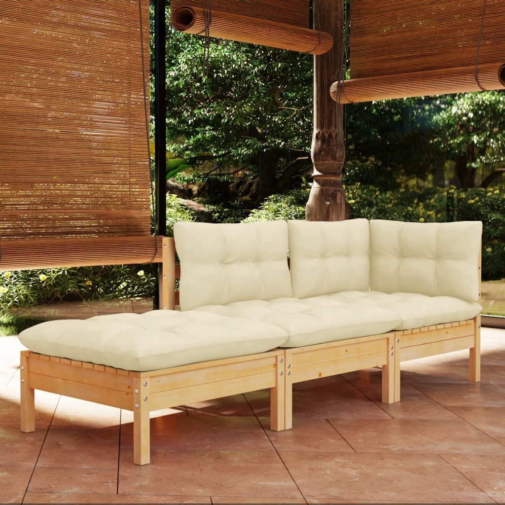 Muebles de jardín 3 piezas cojines madera maciza de pino crema