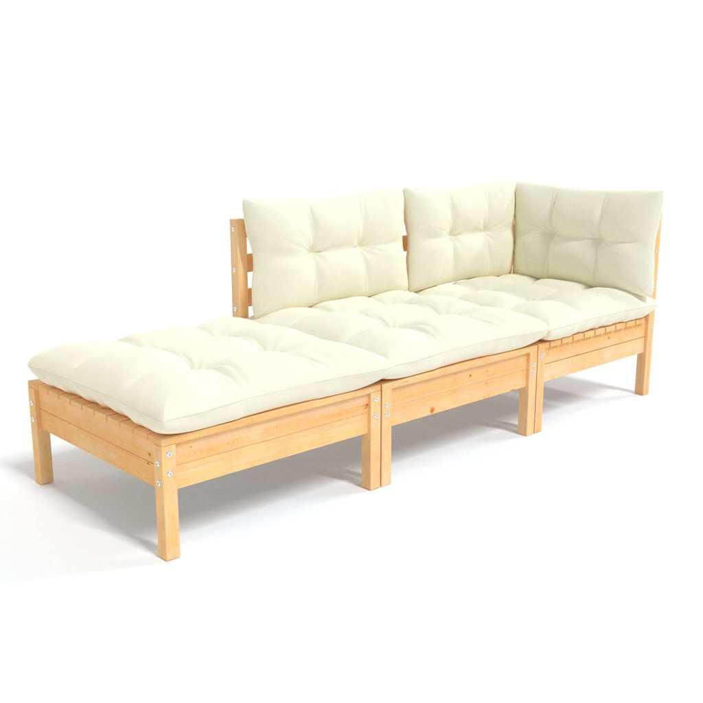 Muebles de jardín 3 piezas cojines madera maciza de pino crema