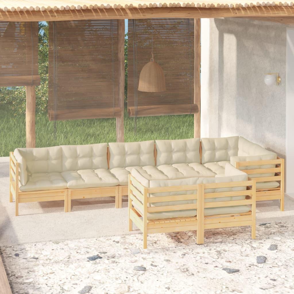 Muebles de jardín 8 pzas y cojines madera maciza de pino crema