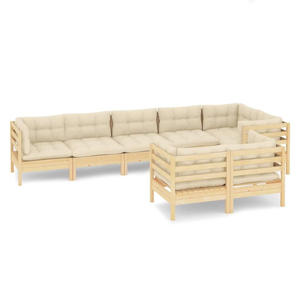 Muebles de jardín 8 pzas y cojines madera maciza de pino crema