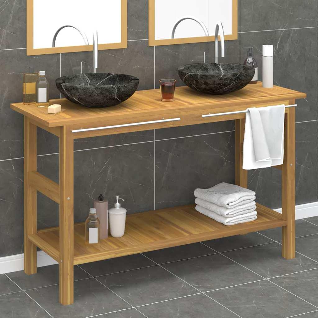 Tocador de baño madera maciza de teca con lavabos mármol crema