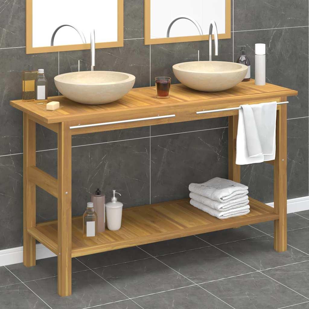 Tocador de baño madera maciza de teca con lavabos mármol negro