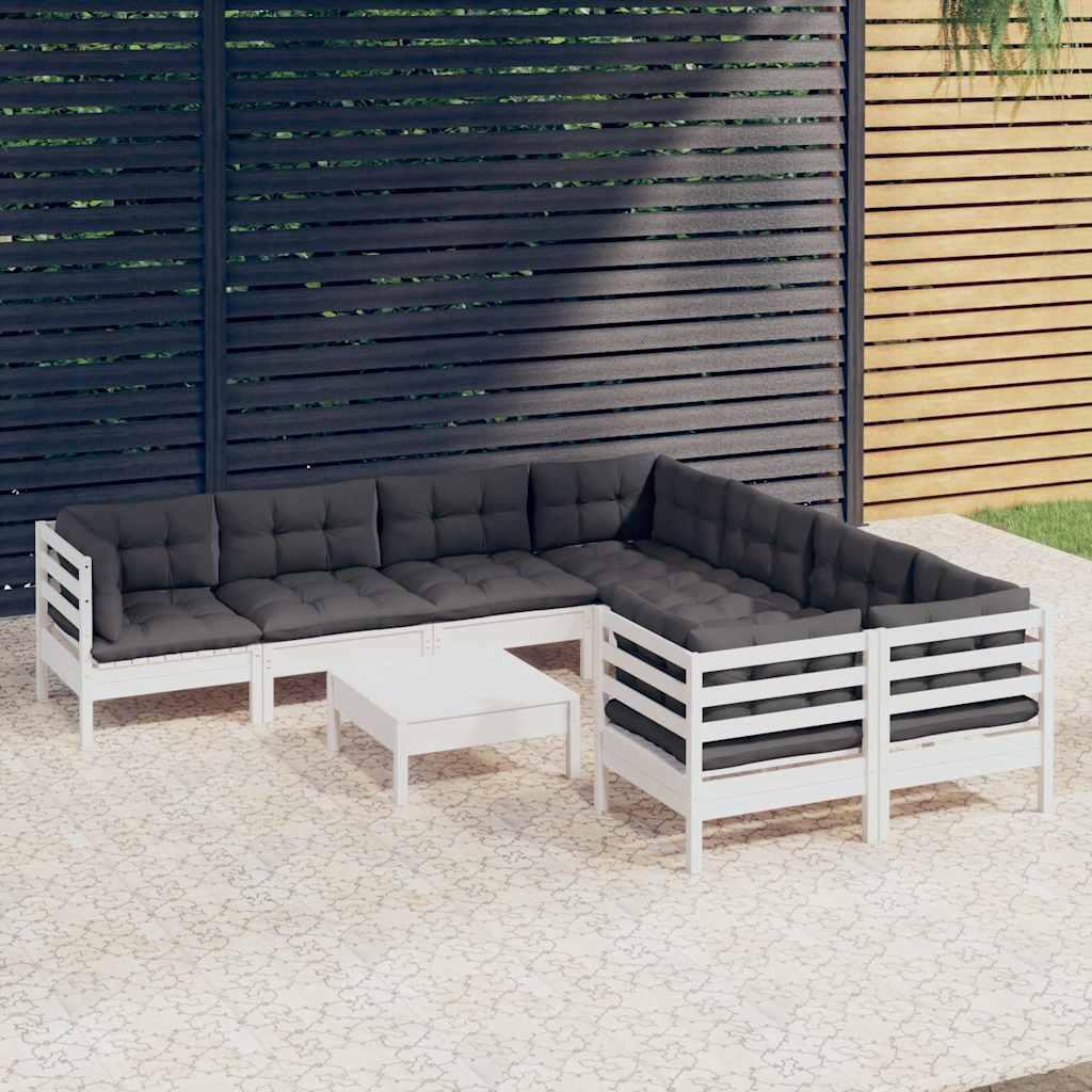Muebles de jardín 9 pzas y cojines blanco madera de pino