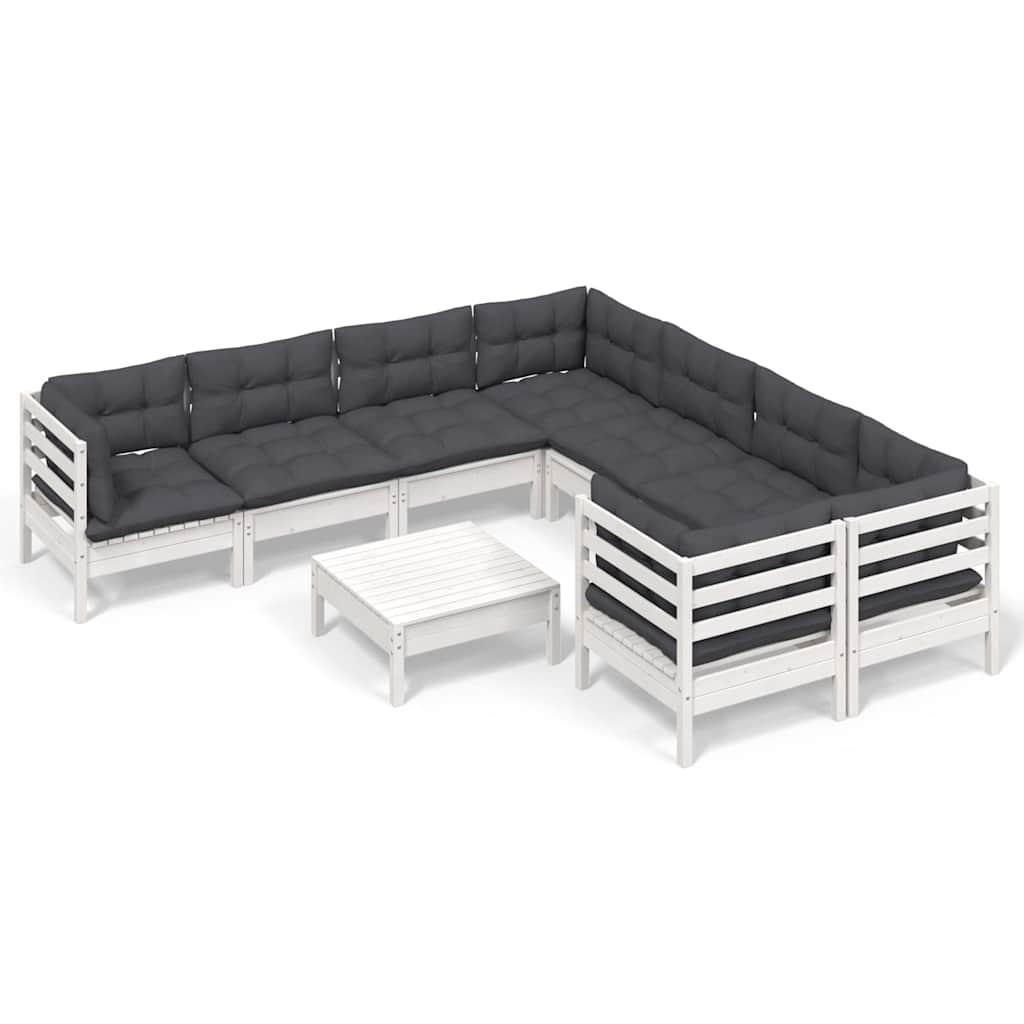 Muebles de jardín 9 pzas y cojines blanco madera de pino
