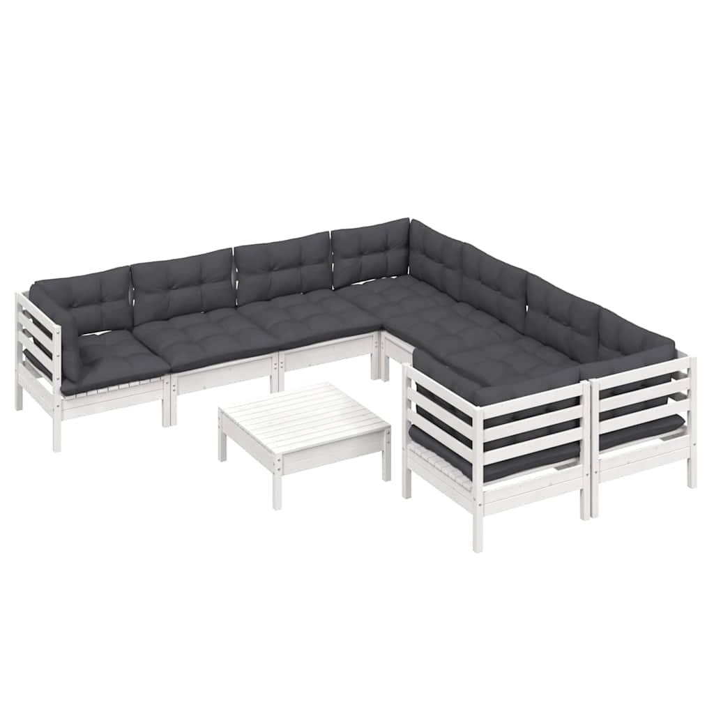 Muebles de jardín 9 pzas y cojines blanco madera de pino