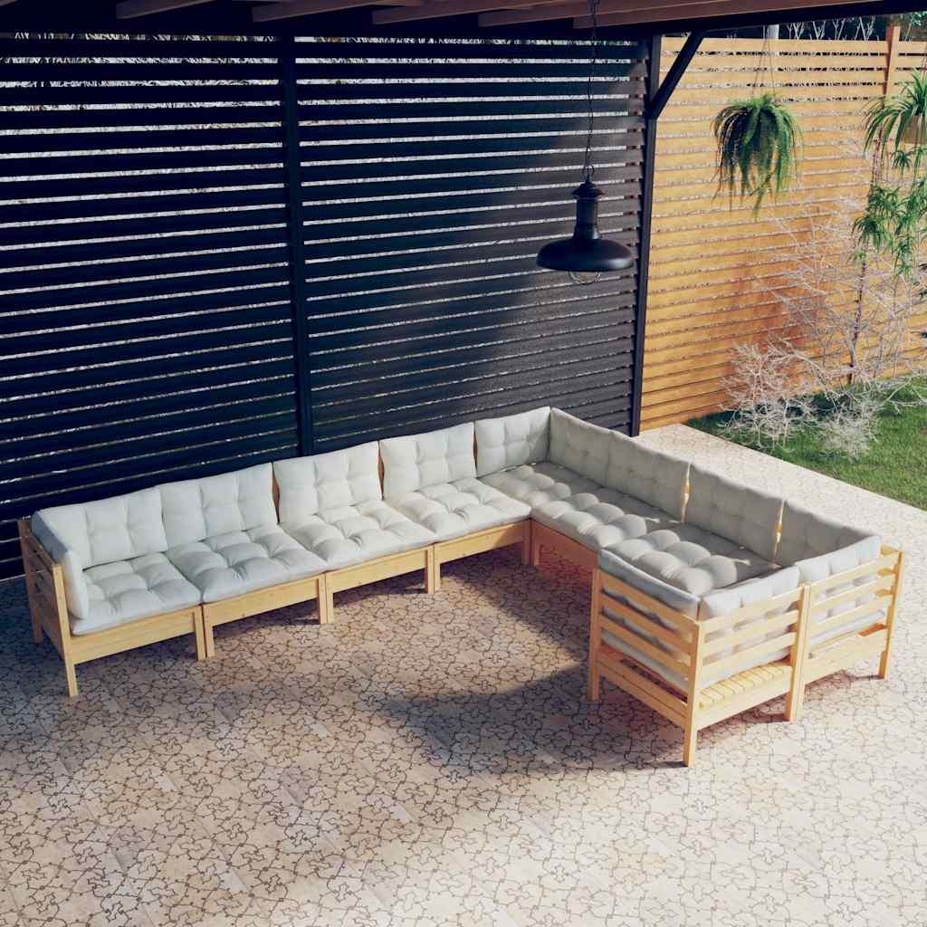 Muebles de jardín 9 piezas y cojines madera de pino crema