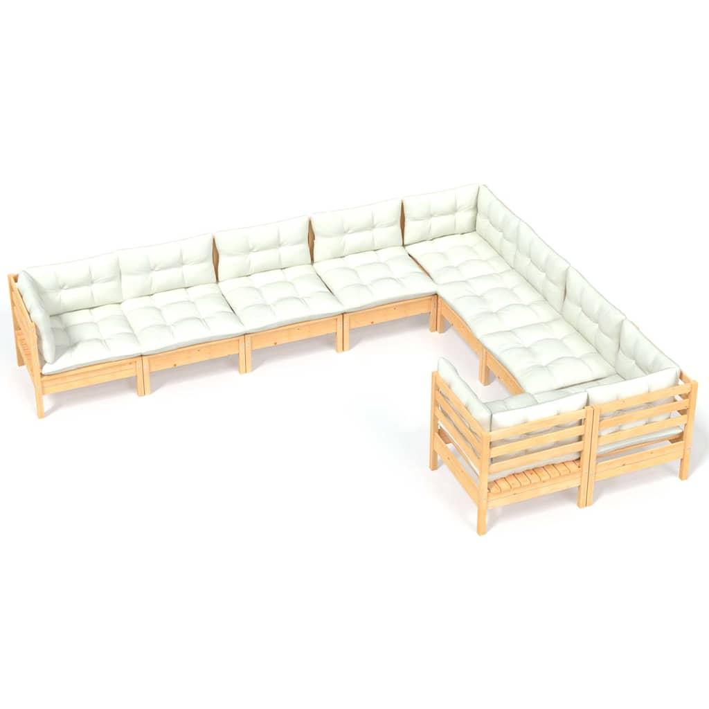 Muebles de jardín 9 piezas y cojines madera de pino crema