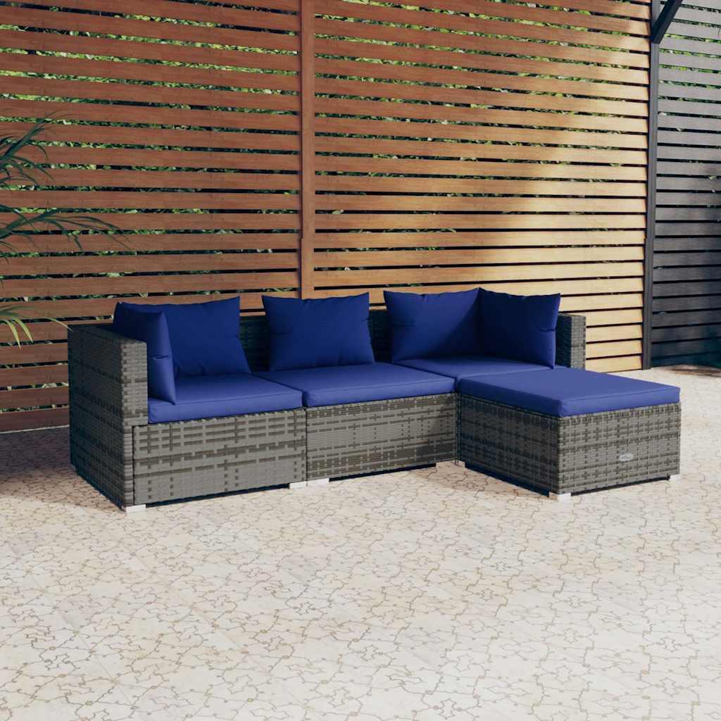 Set de sofás de jardín 4 piezas y cojines ratán sintético negro