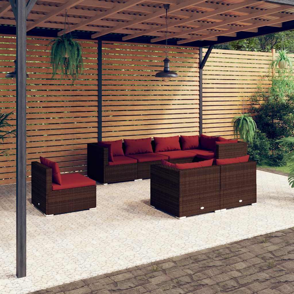 Set muebles de jardín 8 piezas y cojines ratán sintético