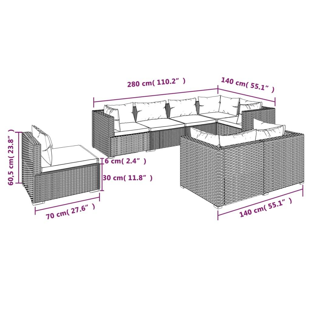 Set muebles de jardín 8 piezas y cojines ratán sintético