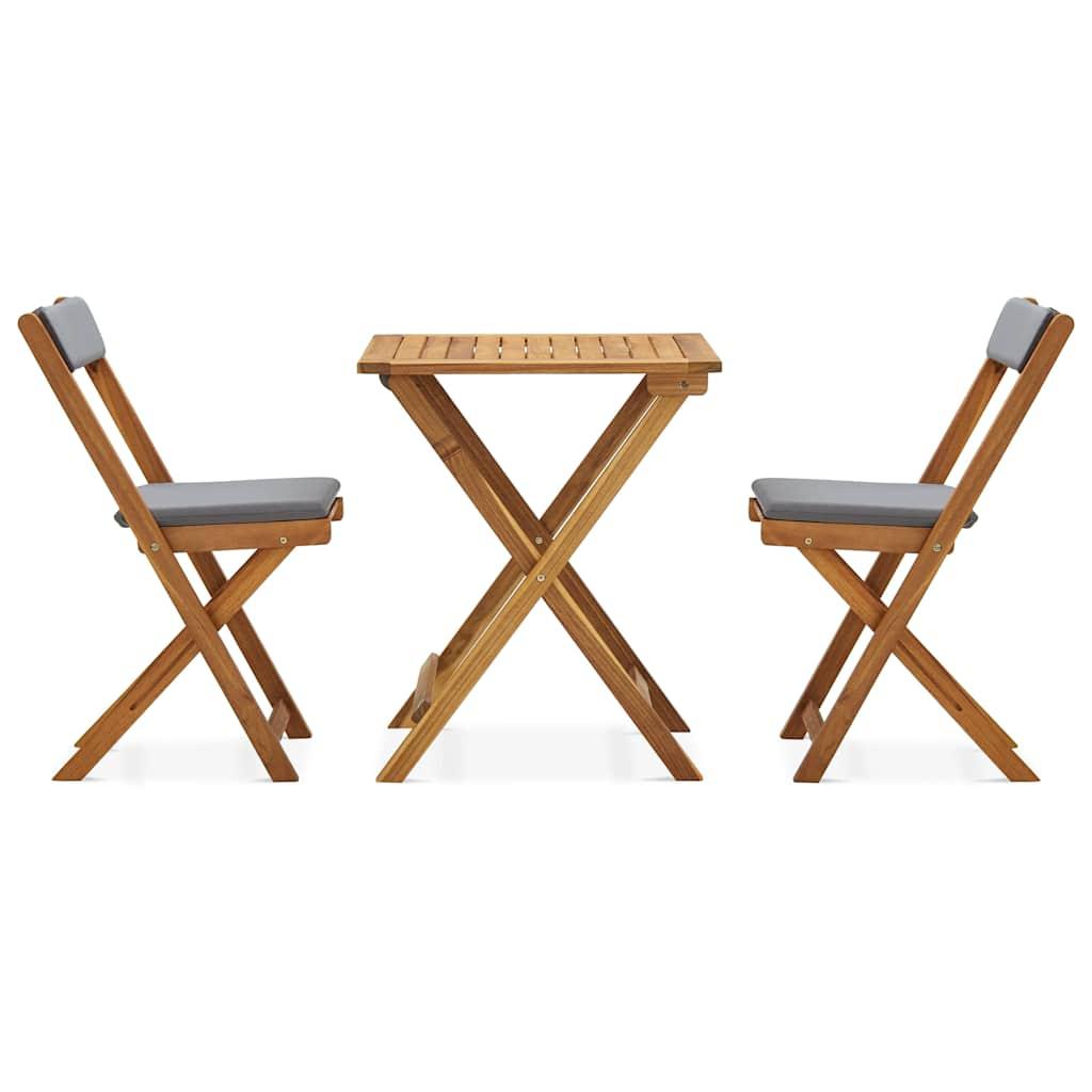 Mesa y sillas bistró plegables 3 pzas y cojines madera maciza