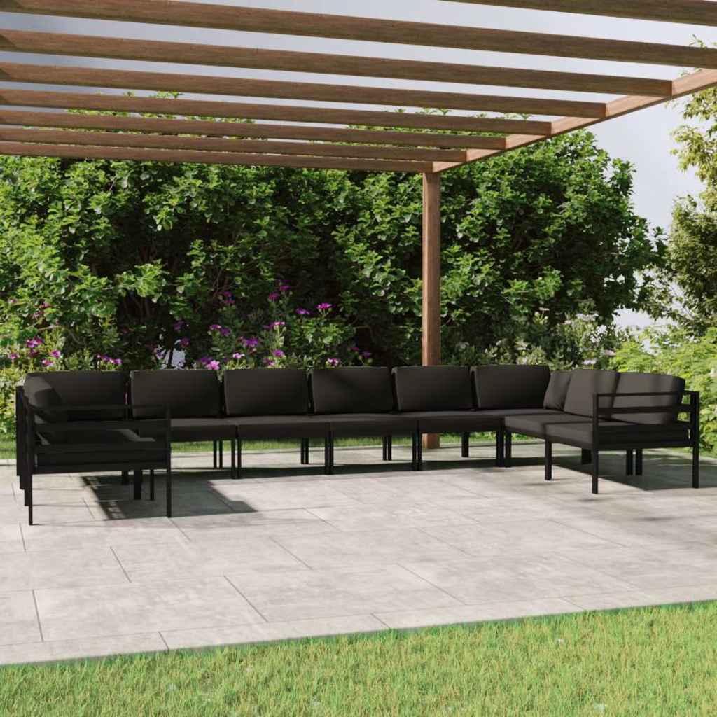 Set muebles de jardín 10 pzas y cojines aluminio gris antracita
