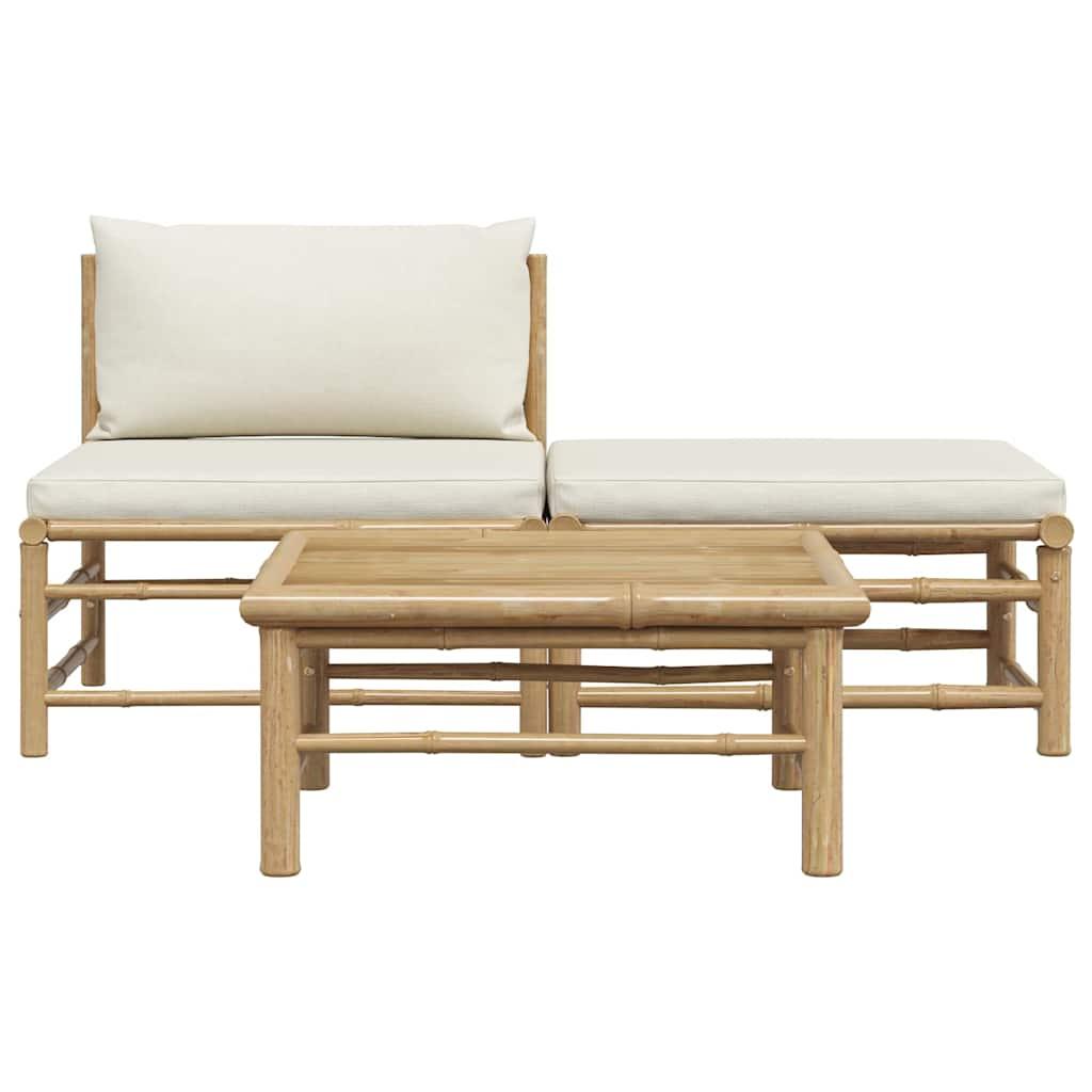 Set de muebles de jardín 3 piezas bambú y cojines blanco crema