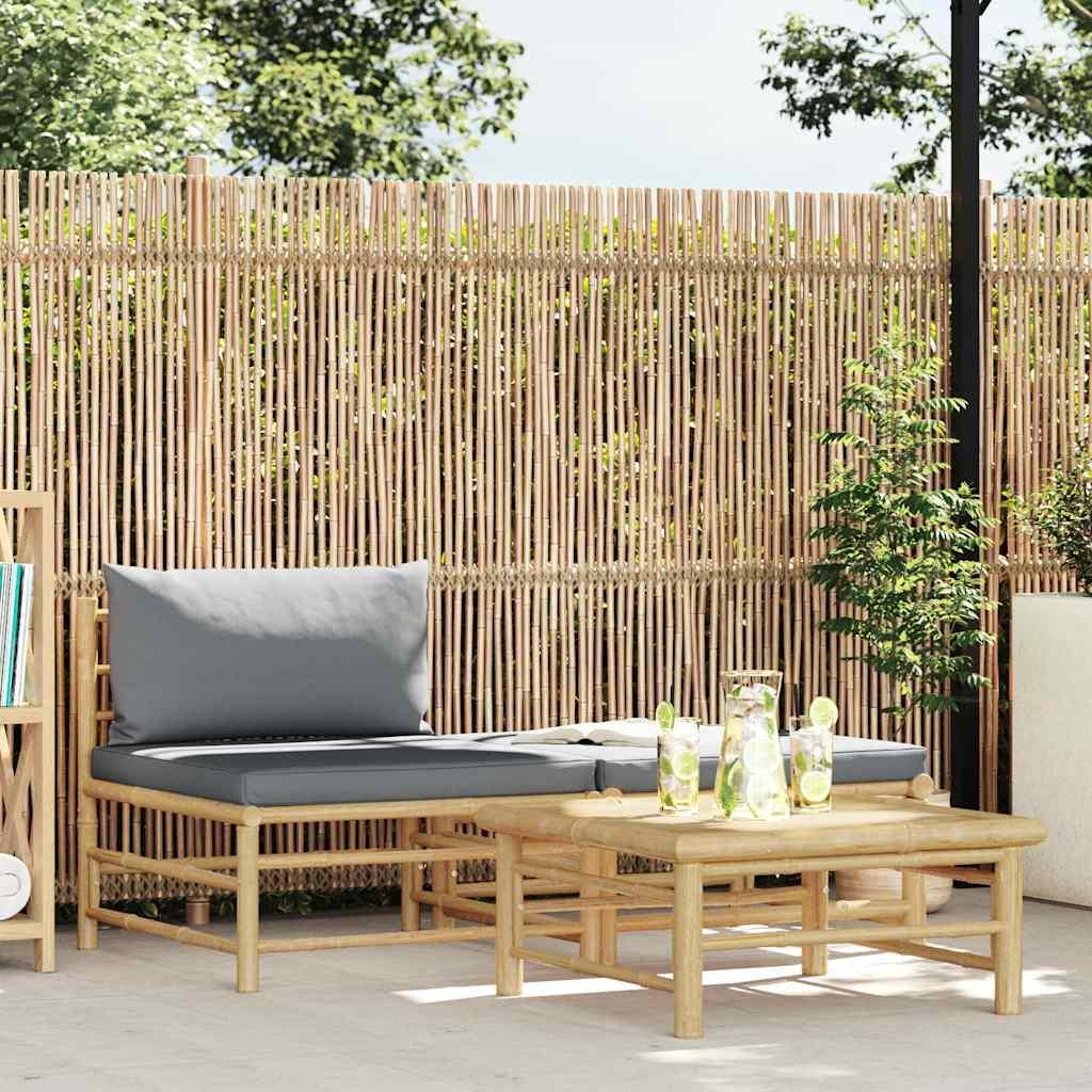 Set de muebles de jardín 3 piezas bambú y cojines blanco crema