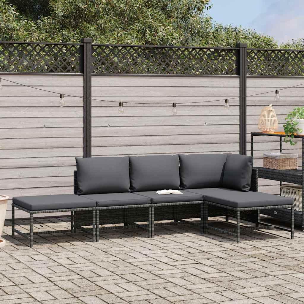 Set de sofá de jardín 5 piezas con cojines ratán sintético gris