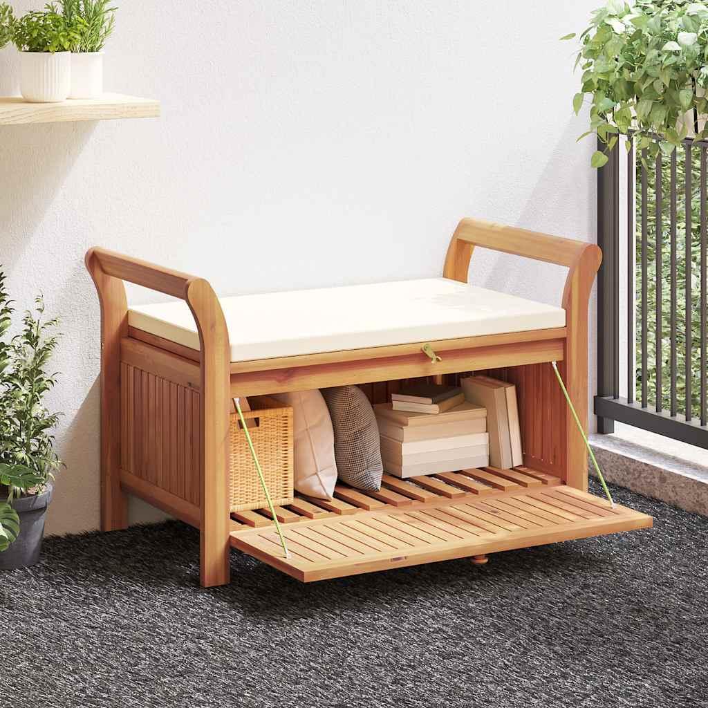 Banco almacenaje jardín con cojín madera maciza de acacia 91 cm