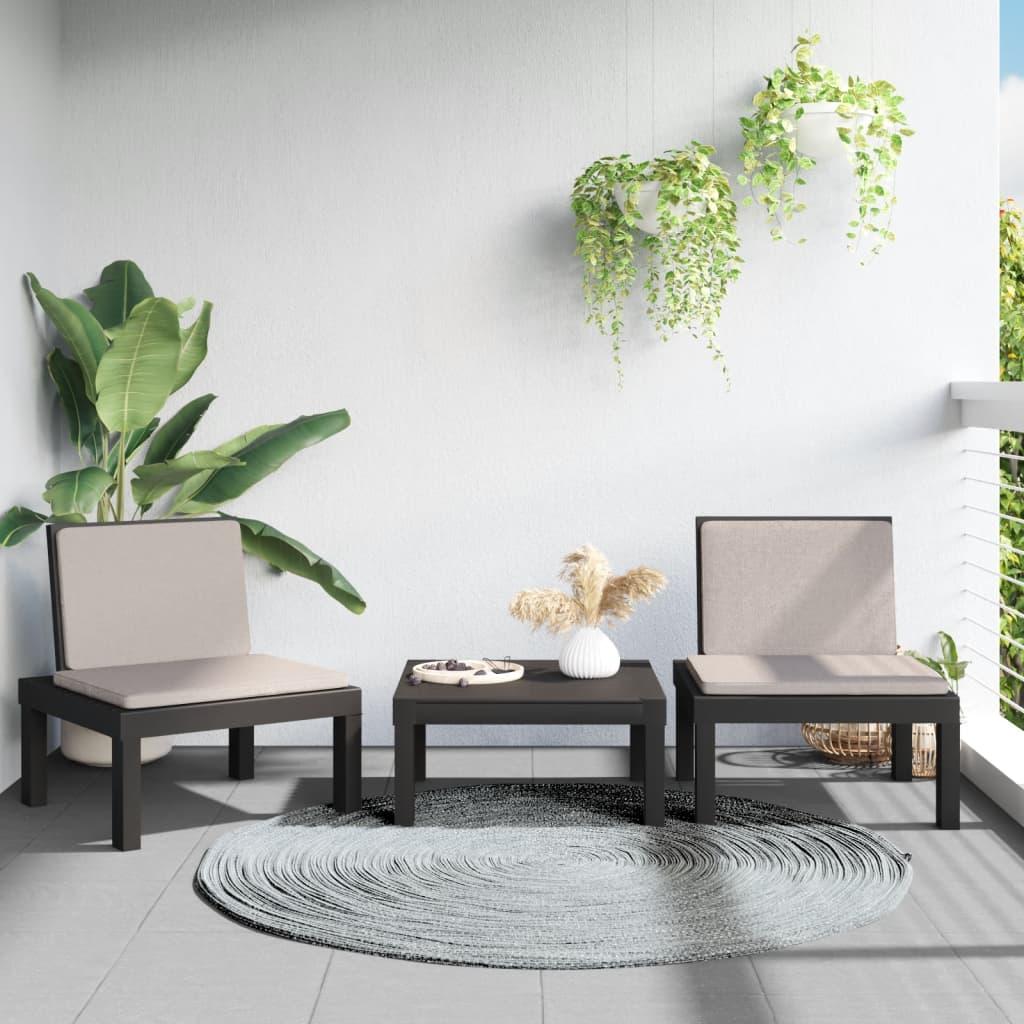 Juego de muebles de jardín 3 piezas con cojines PP