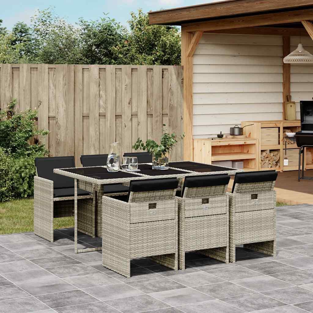 Set de comedor de jardín 7 pzas y cojines ratán sintético negro