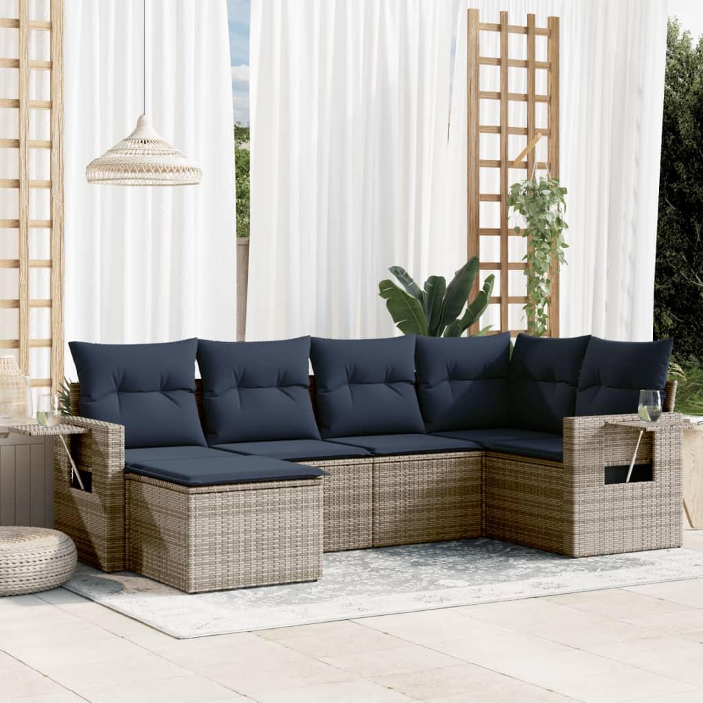 Conjunto de sofá de jardín de 6 piezas con cojines, color beige, poliratán
